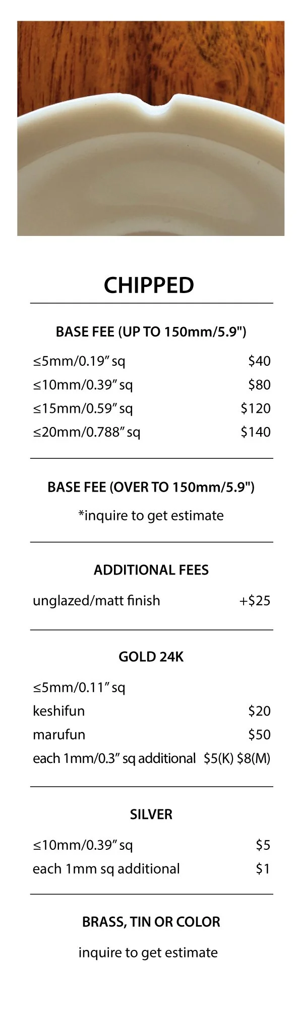 Price list for chipped ware
