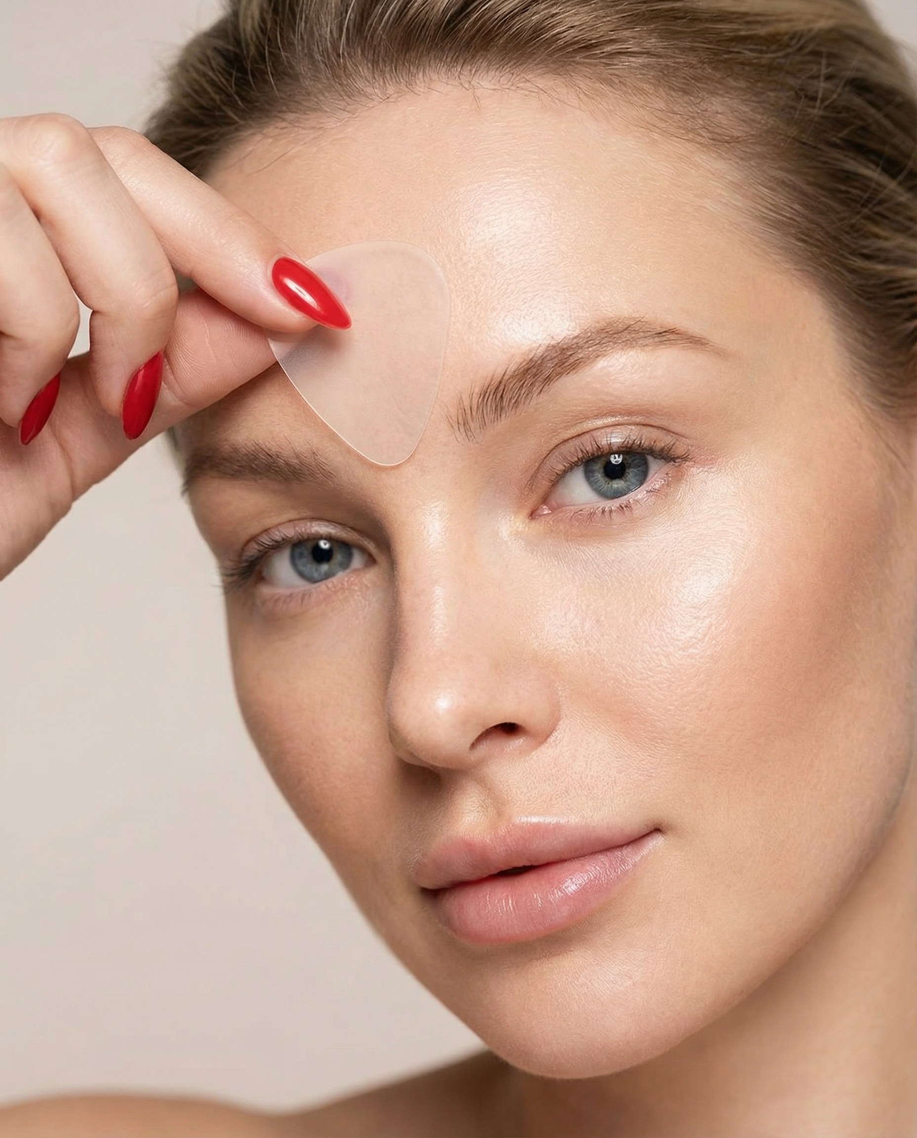 Generated with Kive.ai - can you show a model holding this same clear triangular patch like this between her eyebrows It is shaped more like a guitar pick.png