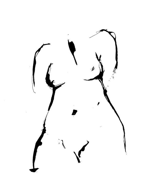 Abstract black ink sketch of a woman's torso and hips on a white background.