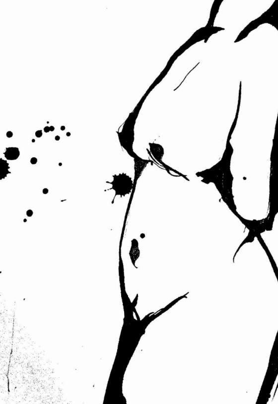 Black and white ink illustration of a woman's torso, with splatters of ink nearby.