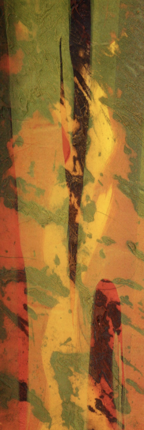 Abstract painting with vertical streaks of yellow, orange, red, green, black, and brown colors.