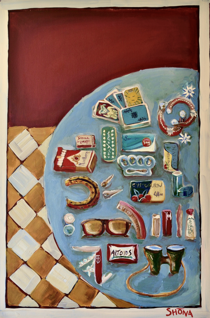 'Content's of a cowgirl's purse'
Acrylic on canvas, 60 x 90 cm - AVAILABLE
Giclée on archival fine art paper available
Signed & numbered with CoA (A4 / A2/ A1)