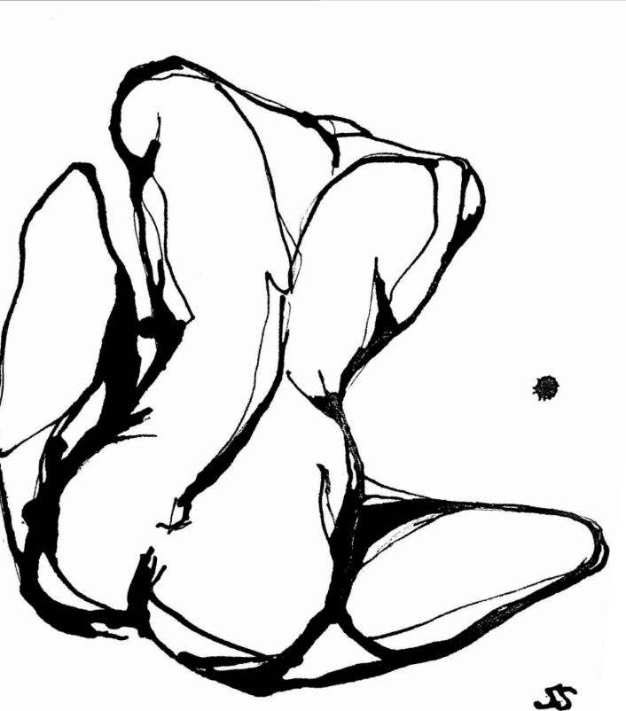 Line drawing of a seated nude woman with one arm raised behind her head, facing away from the viewer, with a small dot or mark nearby.