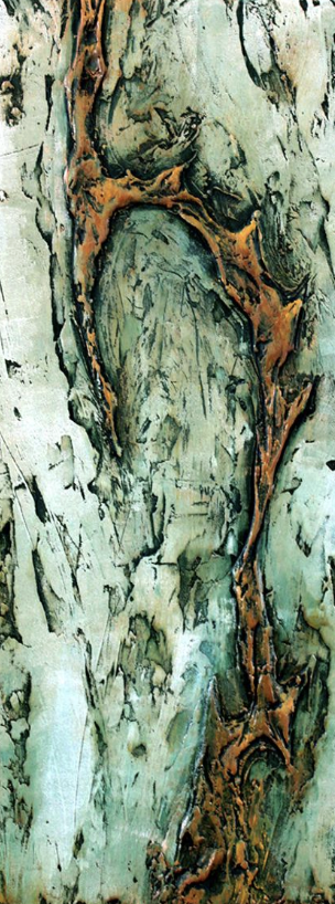 Close-up of textured tree bark with green and brown hues.