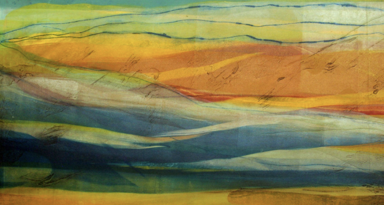 Abstract watercolor painting with flowing horizontal waves in yellow, orange, red, green, and blue hues.