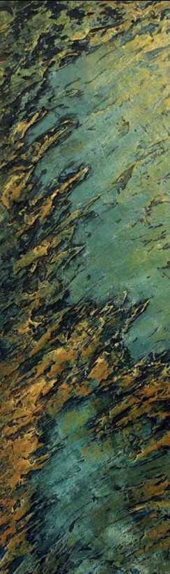 Abstract painting with dark green, yellow, and teal brushstrokes in vertical orientation.