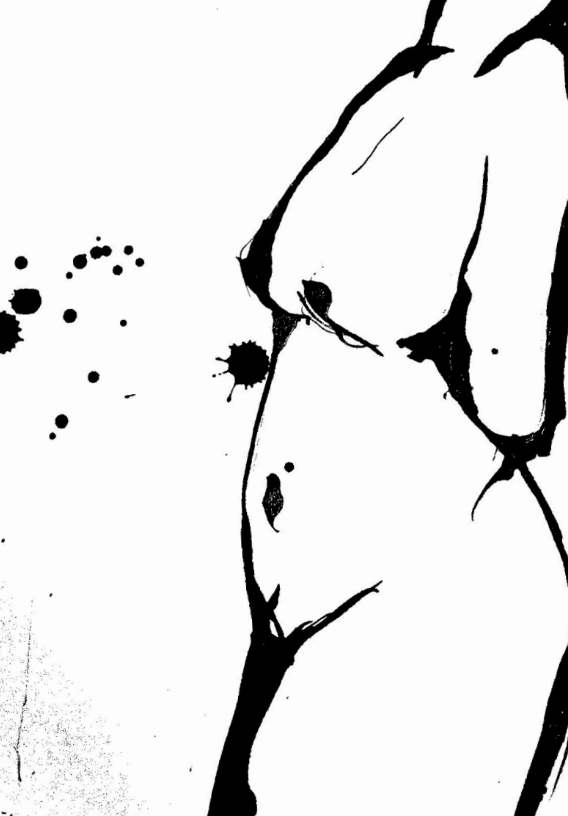 Black and white abstract drawing of a nude woman with splashes of ink.