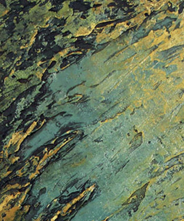 A close-up section of a colorful abstract painting with green, yellow, and blue brushstrokes.