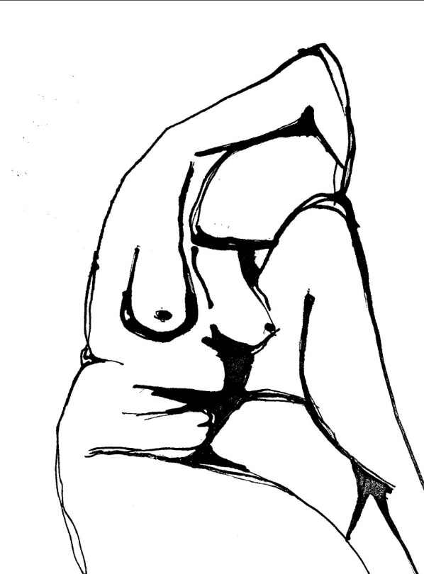 Black and white line drawing of a nude woman sitting with her knees drawn up and her hand resting on her head.