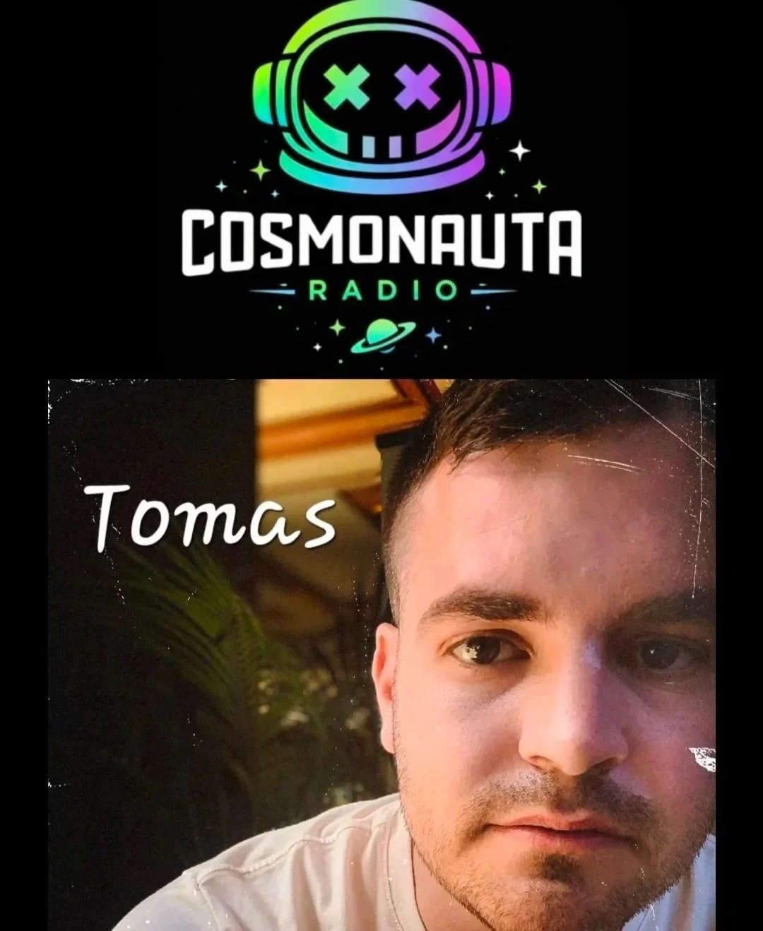 The top part of the image features the logo for Cosmonauta Radio, with a stylized, colorful astronaut head and space-themed elements. The bottom part is a close-up photo of a young man named Tomas Rosas. This represents an Album review of Dos Latidos