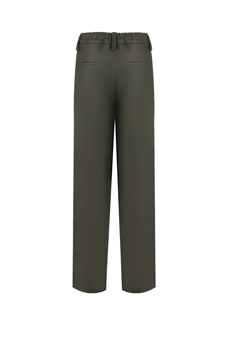 Back view of olive green straight-leg pants with belt loops and back pockets.