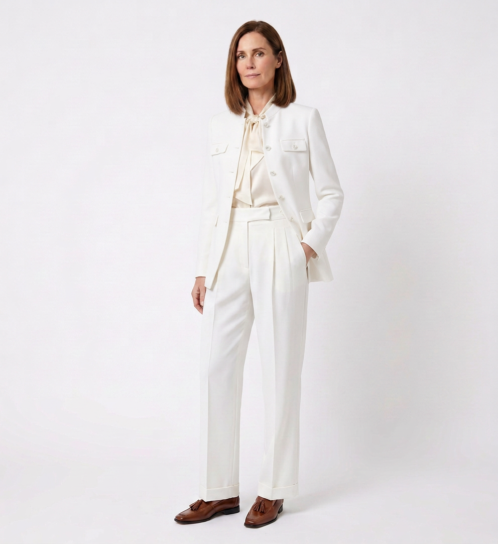 A woman in a white suit and brown shoes standing against a plain white background.