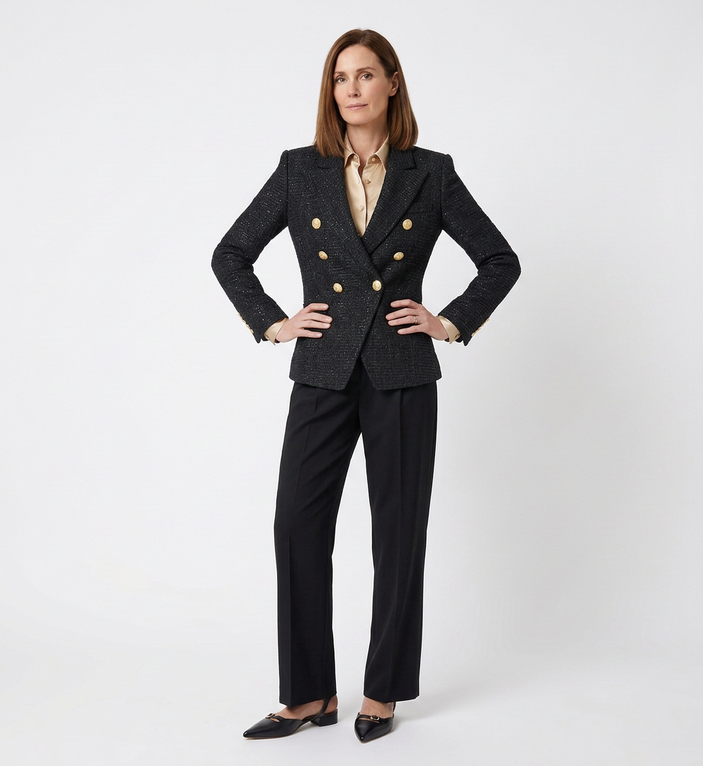 A woman wearing a black blazer with gold buttons, beige blouse, black dress pants, and black heels, standing with hands on hips against a plain white background.