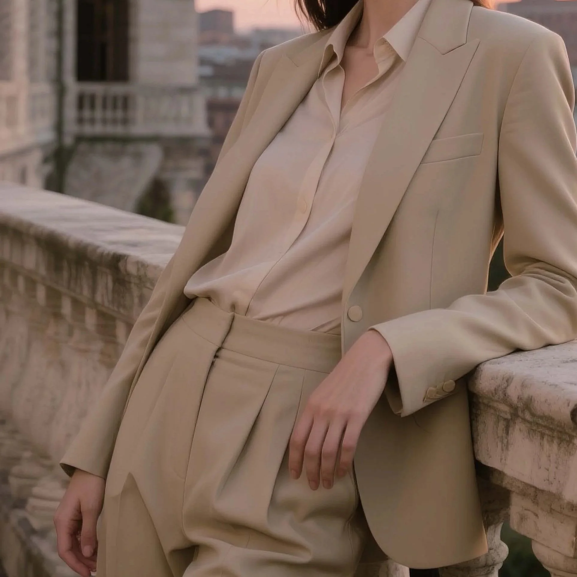 Tailored BIA LUCINA, woman wearing a beige suit, sitting on a stone railing, with a cityscape in the background.