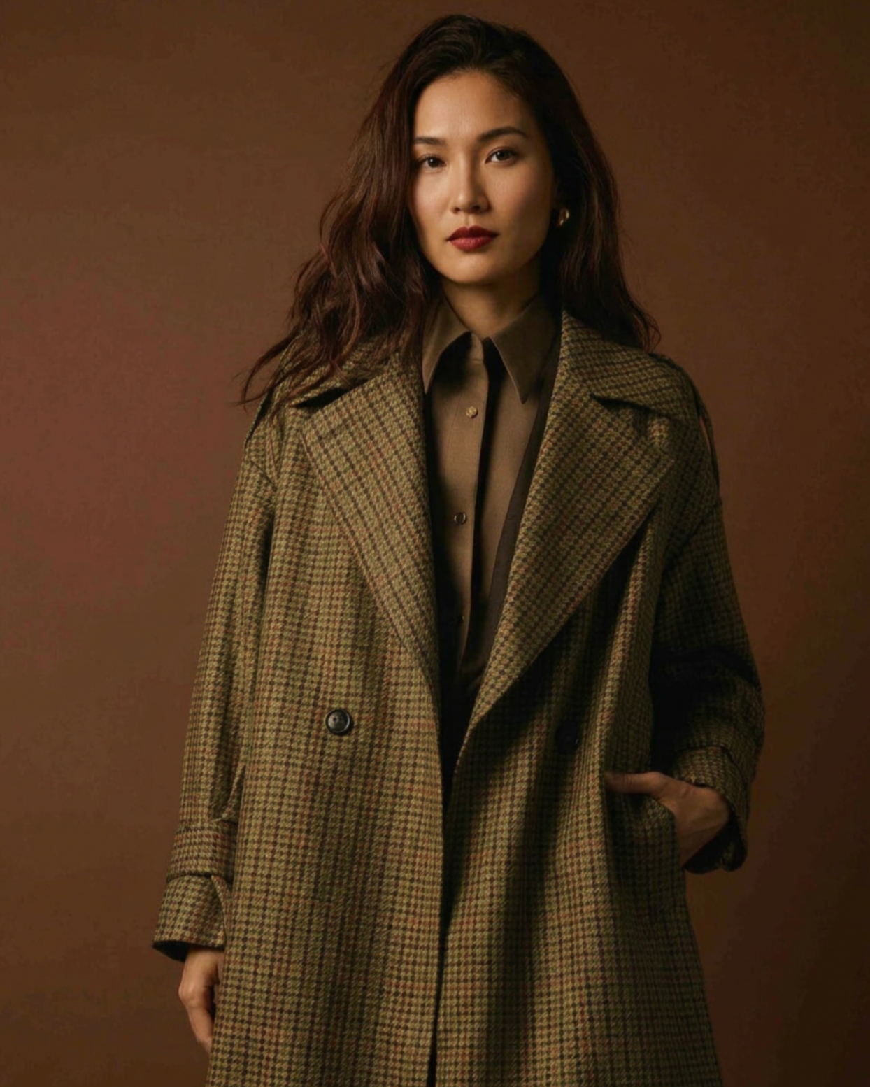 A woman with shoulder-length wavy dark hair, wearing a brown checkered overcoat over a tan shirt with a collar, stands against a brown background.