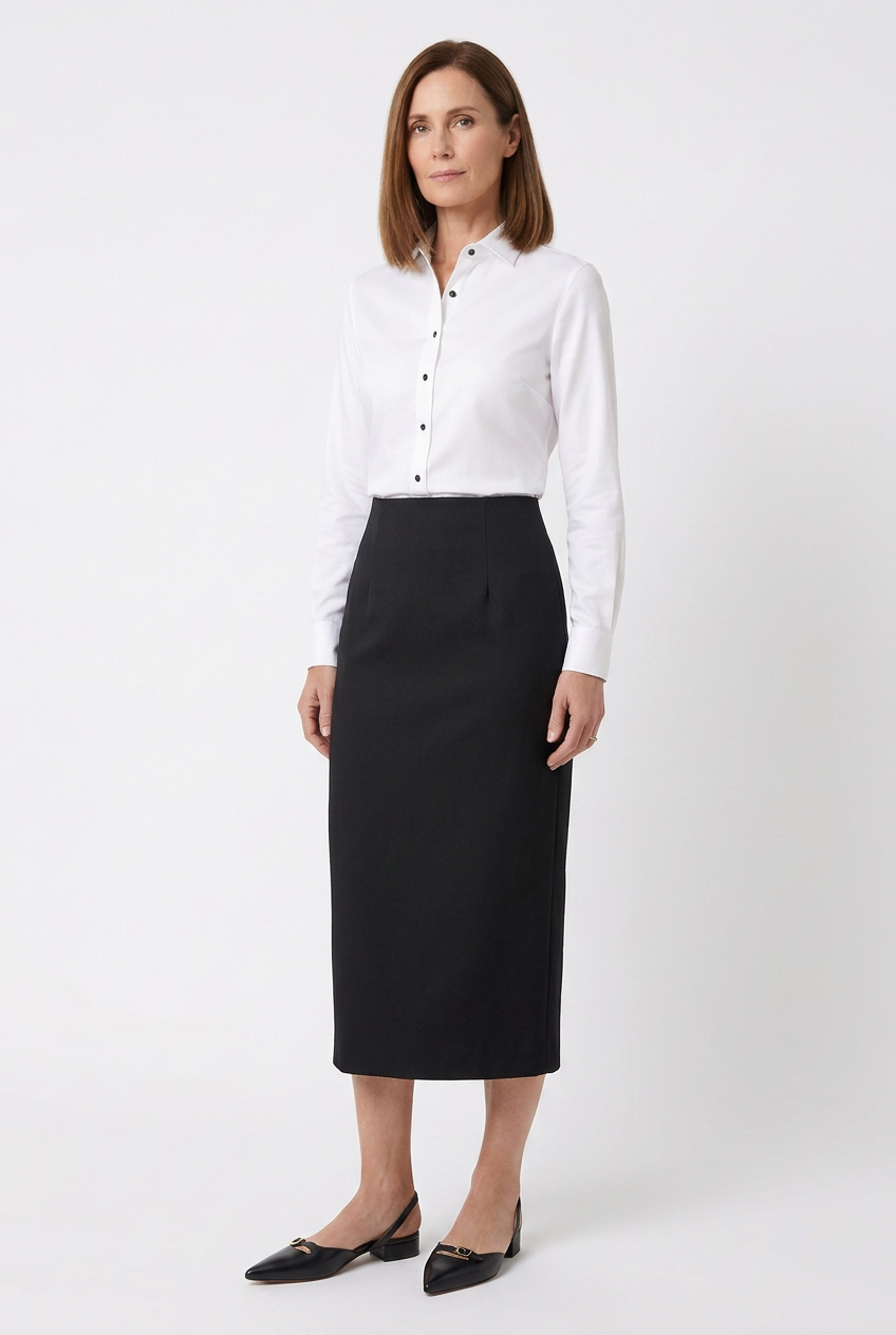 A woman with shoulder-length brown hair wearing a white button-up shirt, a black midi skirt, and black pointed-toe heels, standing against a plain white background.