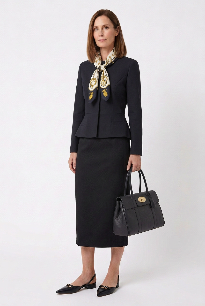 A woman standing against a plain white background, wearing a black blazer, matching skirt, black pointed-toe shoes with a small heel, and a patterned silk scarf tied around her neck. She is holding a black handbag with a gold clasp.
