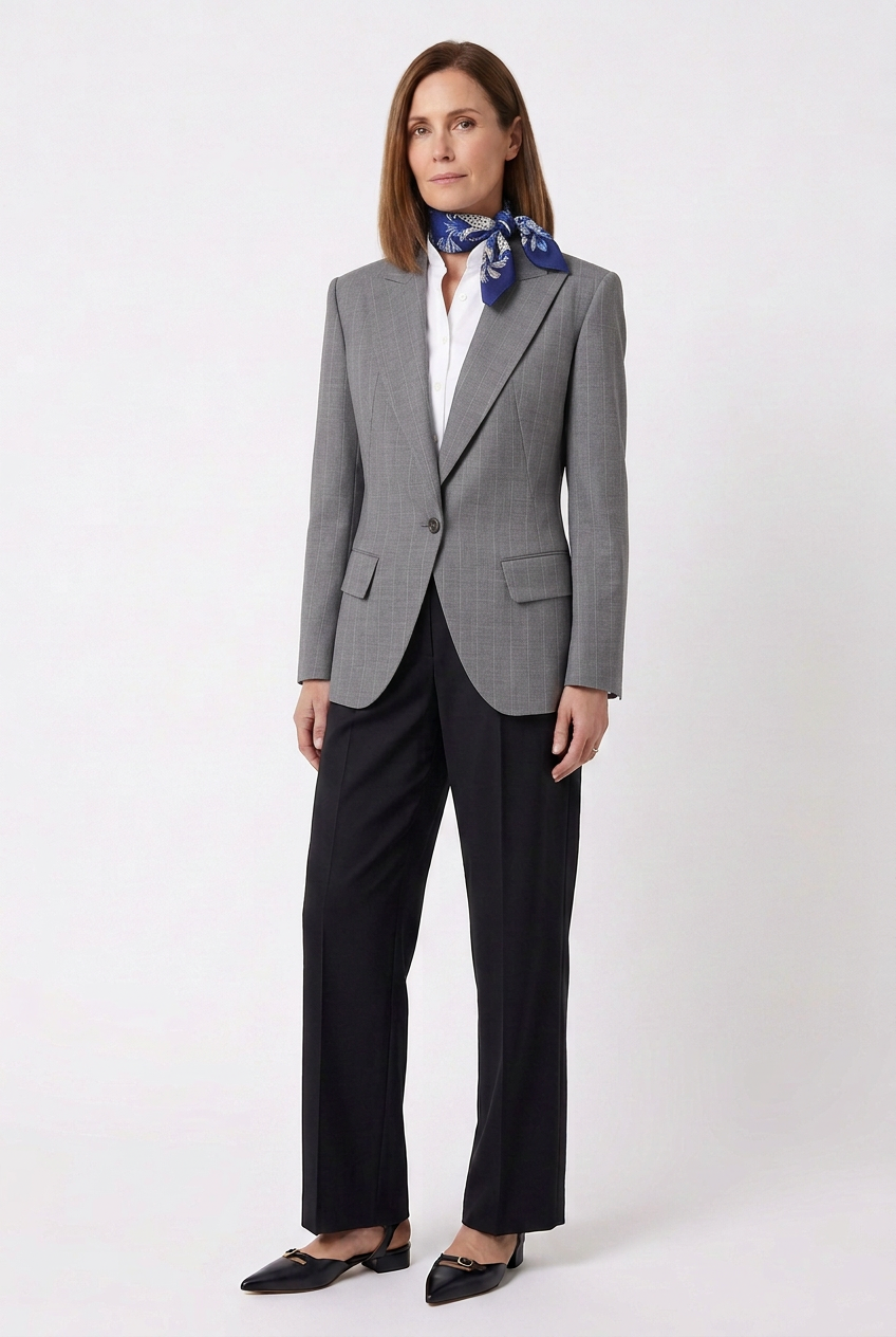 A woman wearing a gray plaid blazer, black wide-leg trousers, a white shirt, a blue patterned scarf, and black shoes, standing against a plain white background.