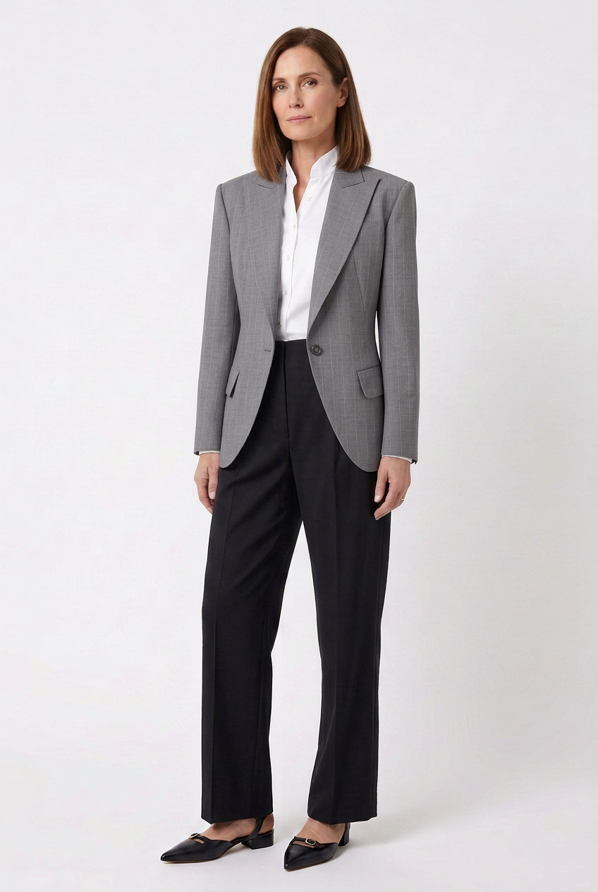 A woman with shoulder-length brown hair in a gray business suit, white shirt, black pants, and black heels posing against a plain white background.