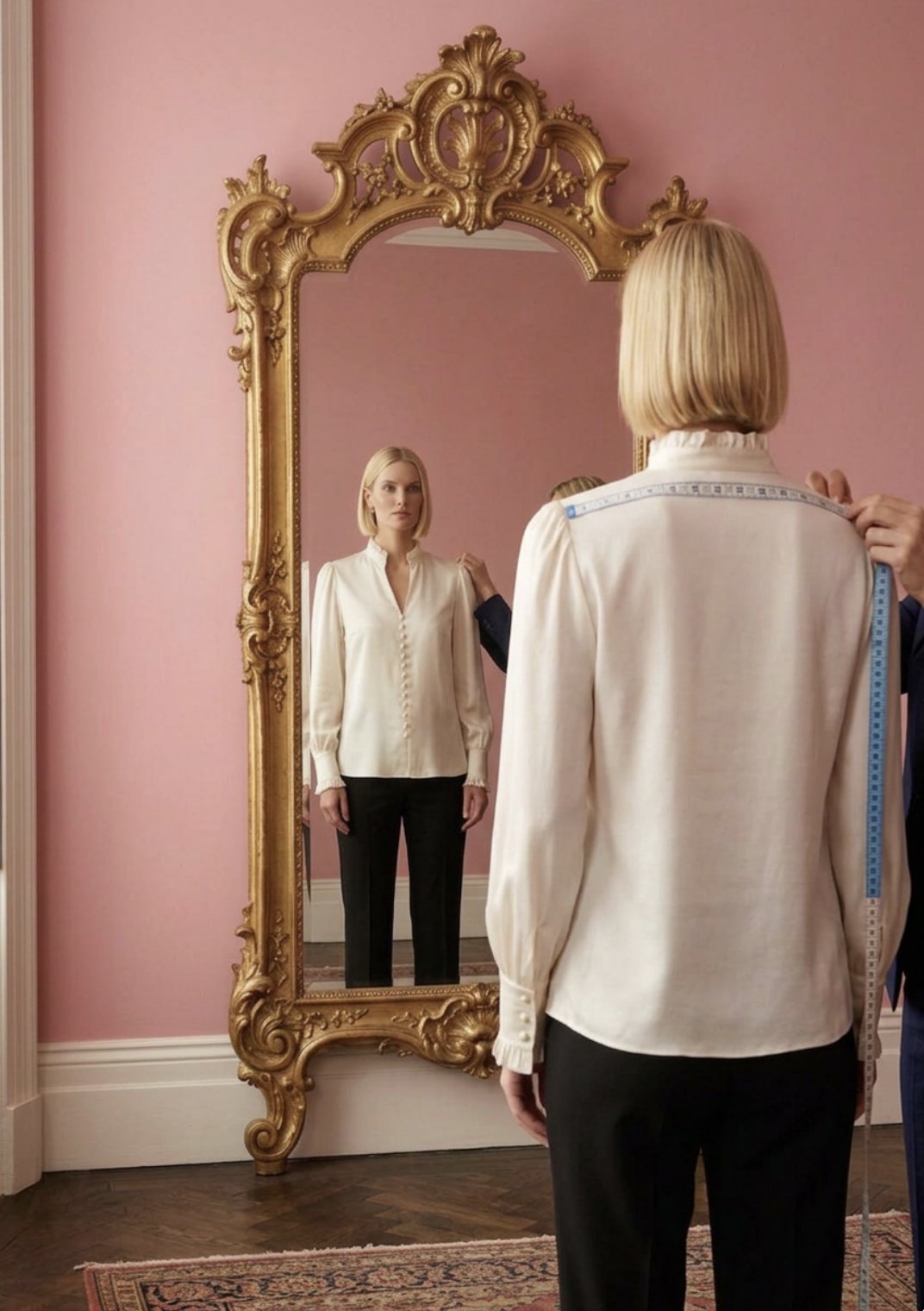 Woman with blond hair wearing a cream blouse being fitted with measuring tape by a person off-frame in front of a large ornate gold mirror, pink wall background.