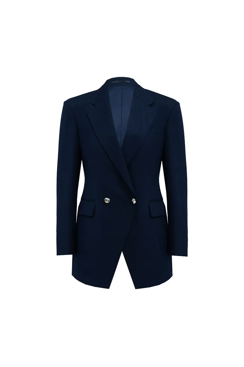 A dark navy blue tailored blazer with lapels, double-breasted buttons, and front flap pockets, displayed on a plain white background.