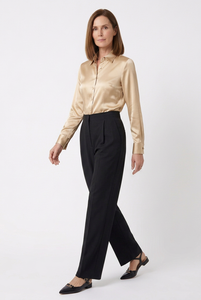 A woman walking, dressed in a shiny gold blouse and black high-waisted pants, against a white background.