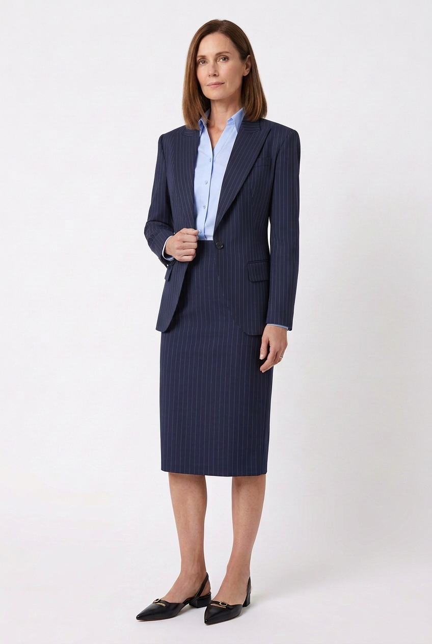 A woman wearing a navy blue pinstripe suit with a matching skirt and a light blue button-up shirt, standing against a plain white background.