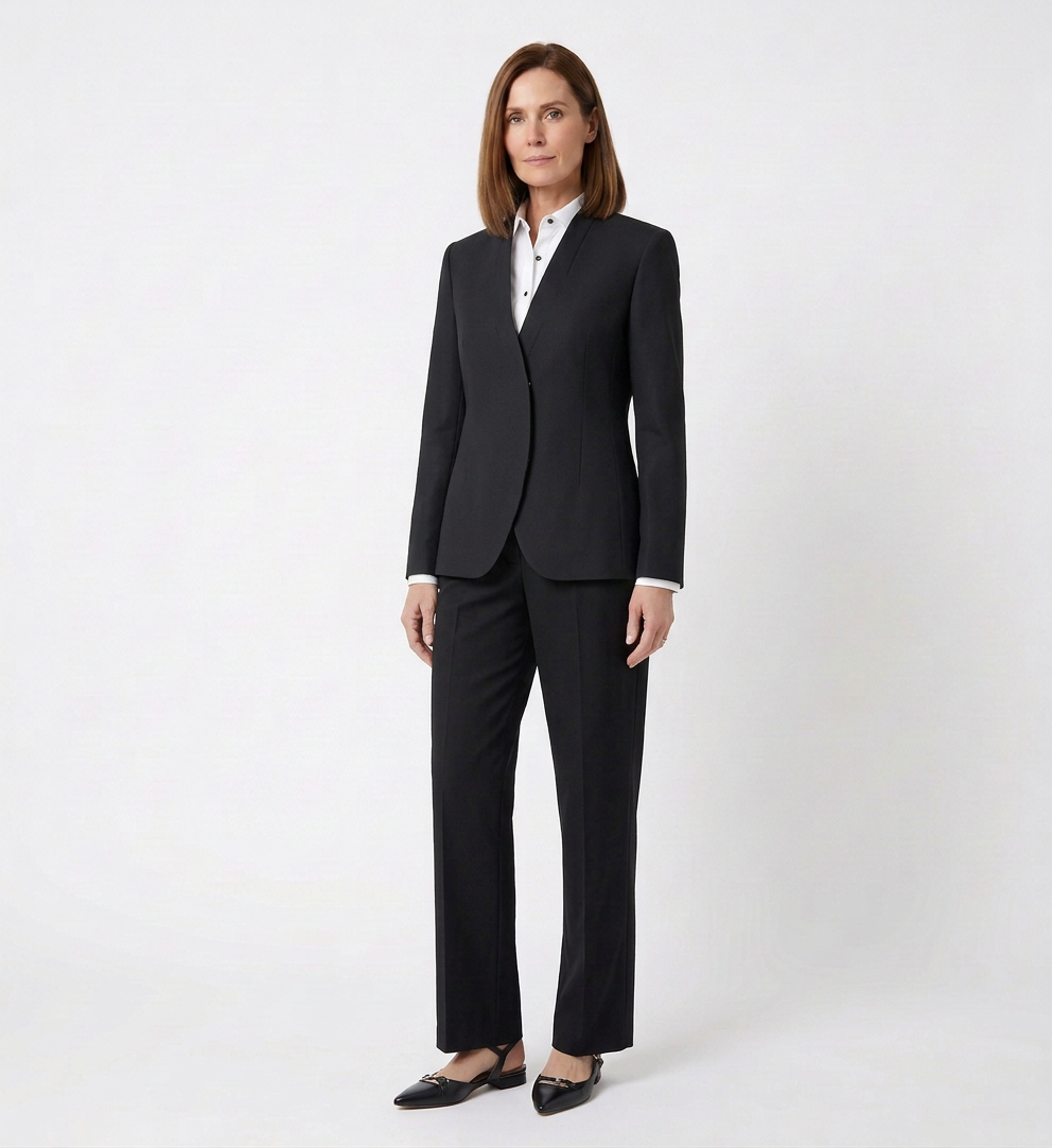 A woman in a black business suit with a white shirt, standing against a plain white background.