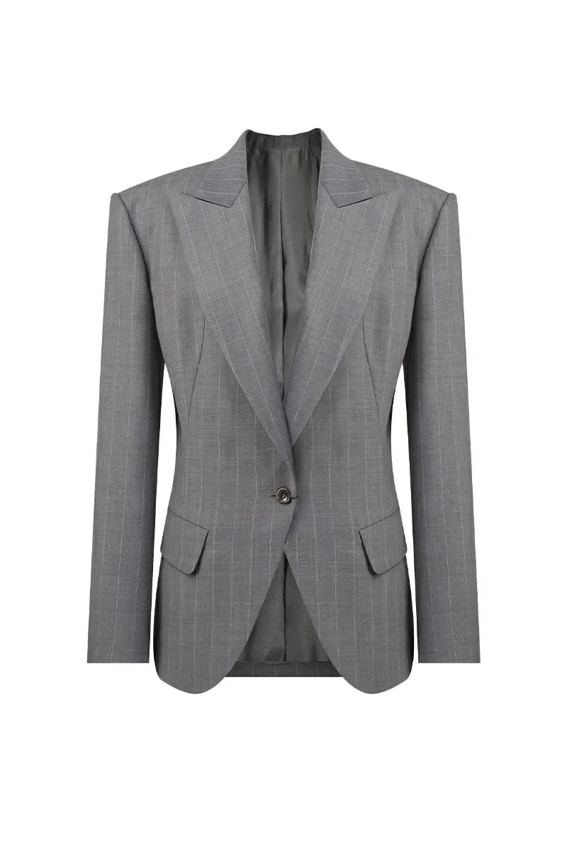 Gray plaid women's blazer with lapels and single-button closure.