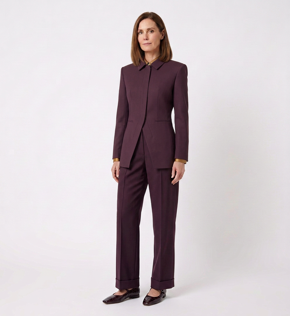 A woman with shoulder-length brown hair looking at the camera, wearing a dark purple pantsuit with a matching blazer and wide-leg trousers. She stands against a plain white background.