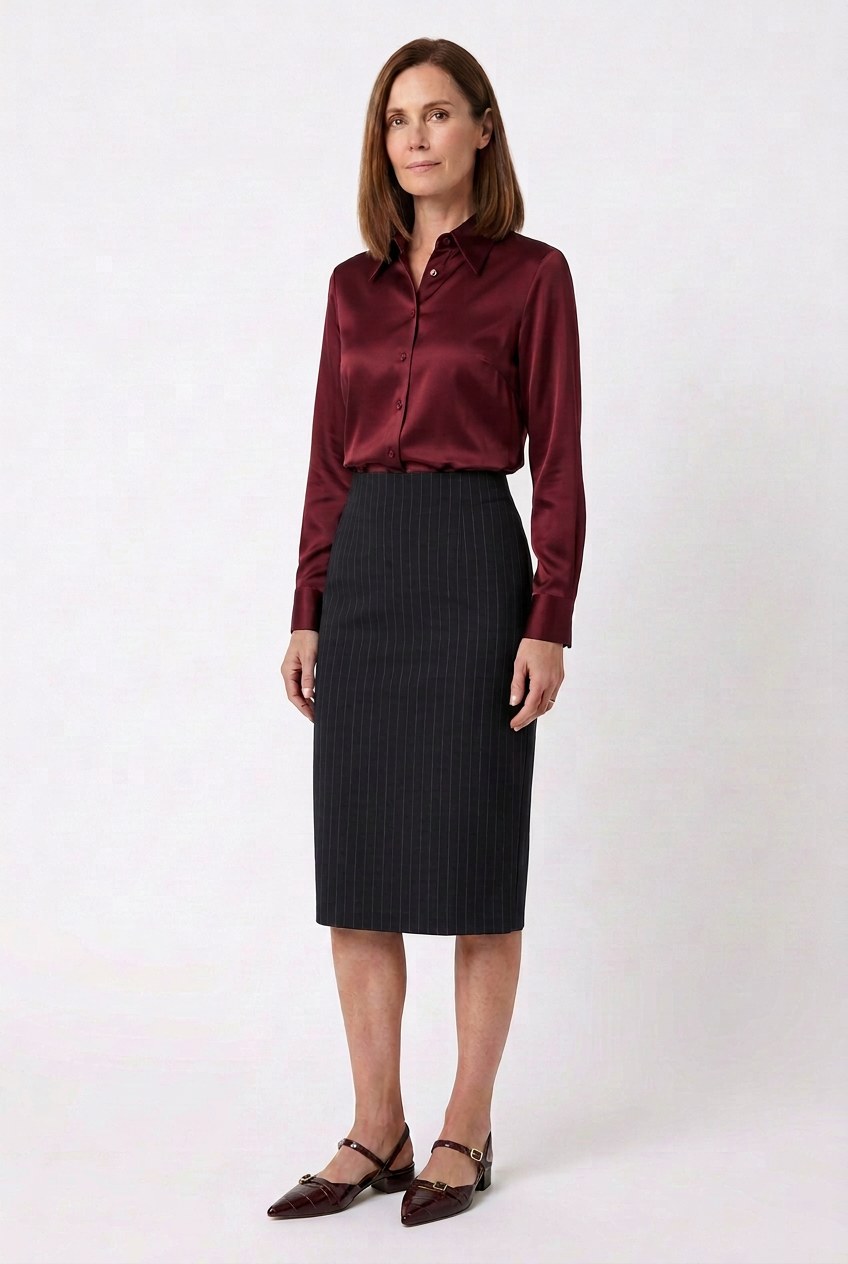 Woman standing against a plain white background, wearing a maroon satin button-up blouse, a high-waisted black pinstripe pencil skirt, and dark brown heels with ankle straps.