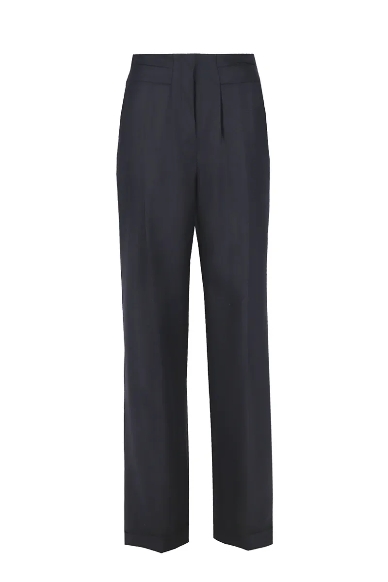 Black high-waisted dress pants with pleats and welt pockets