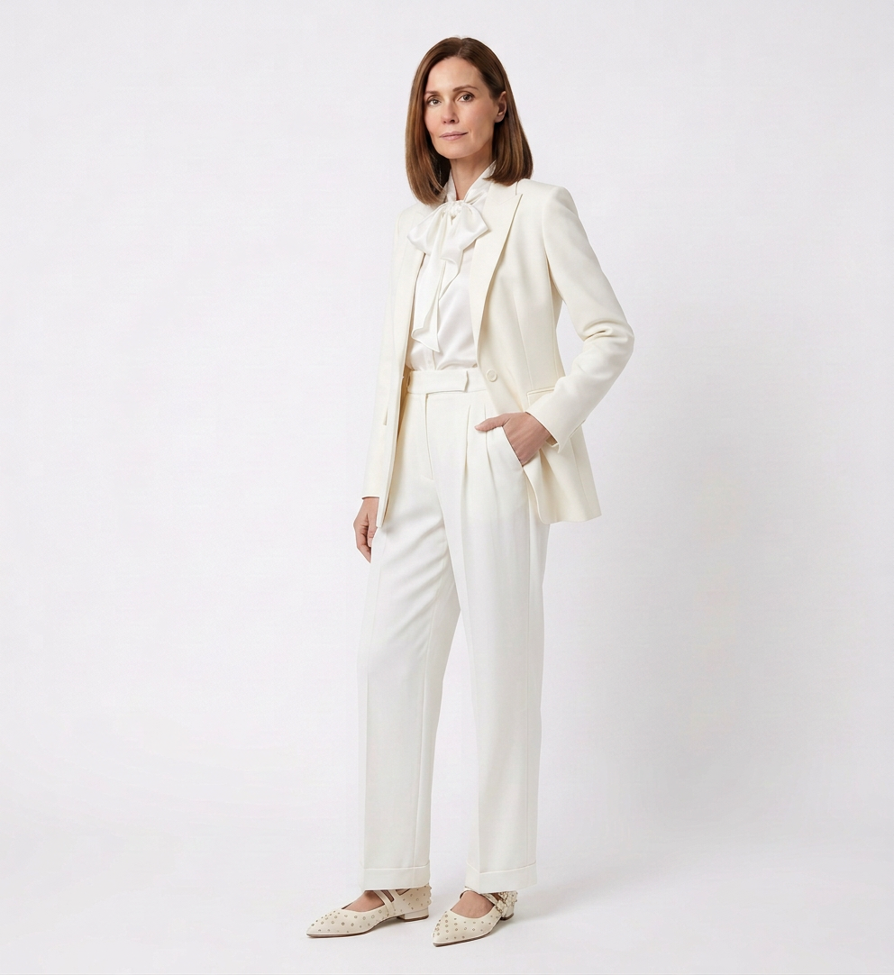 Woman in an all-white suit, white blouse with bow tie, and white heels standing against a plain white background.