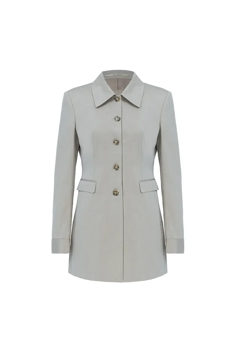 Light gray tailored women's coat with buttons down the front and flap pockets.
