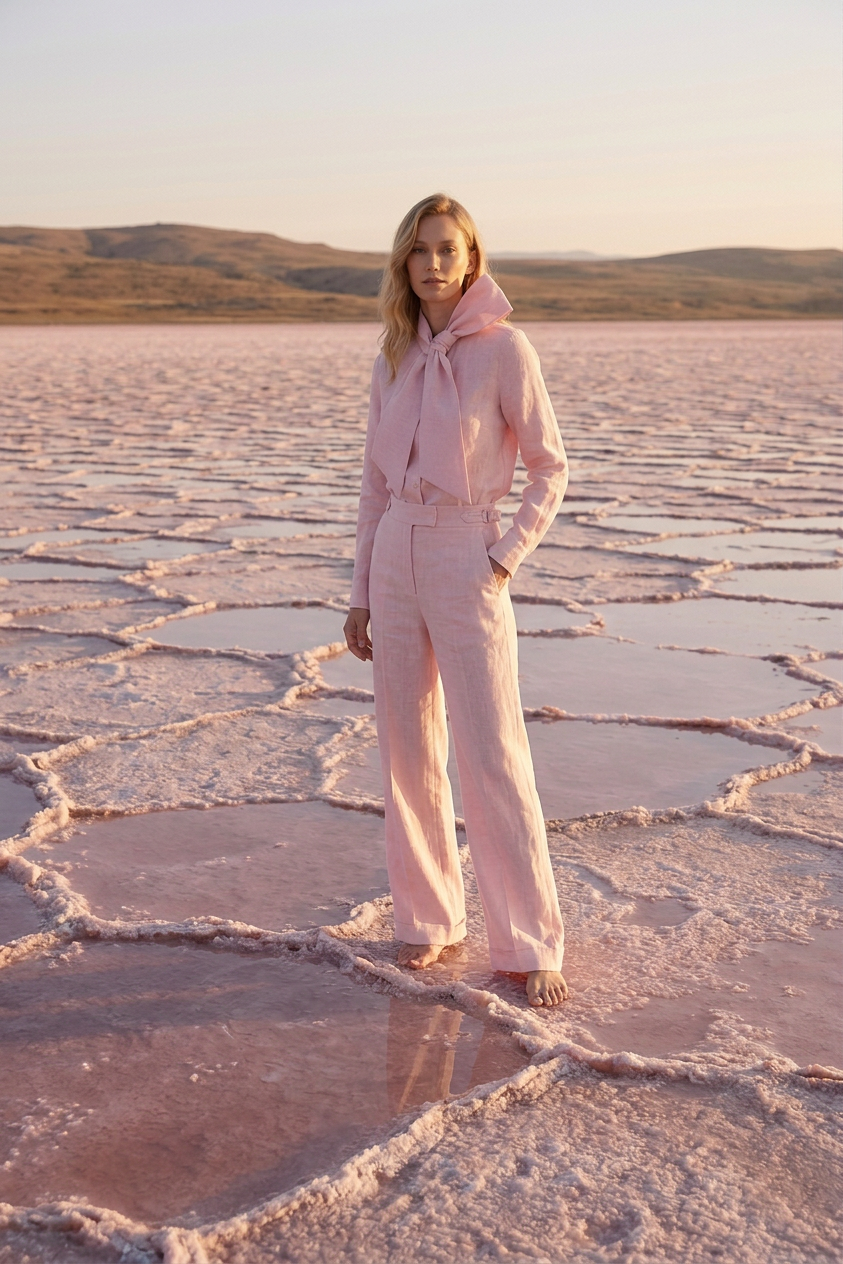 A woman dressed in pink standing on a salt flat at sunset with mountains in the background.
