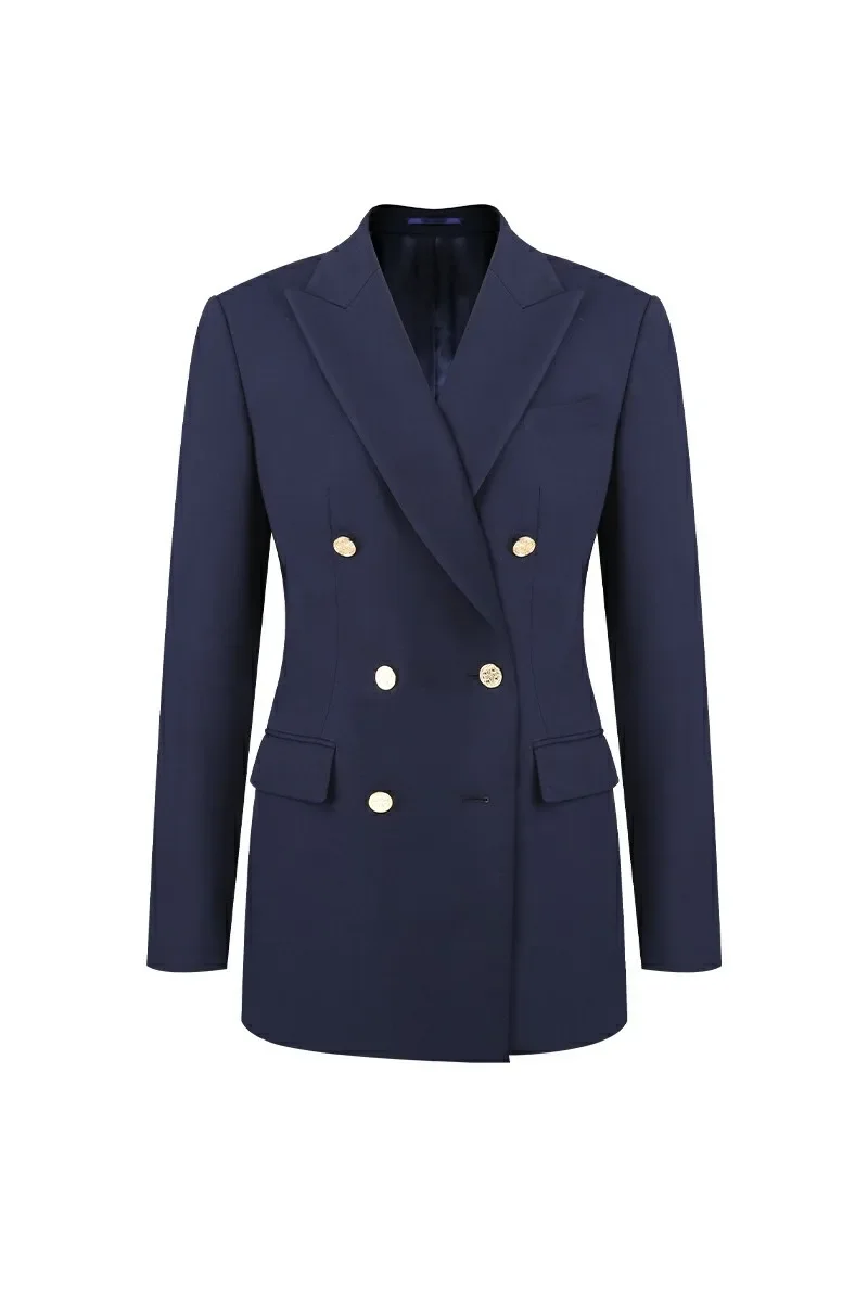 Navy blue women's blazer with gold buttons and a fitted, tailored design.