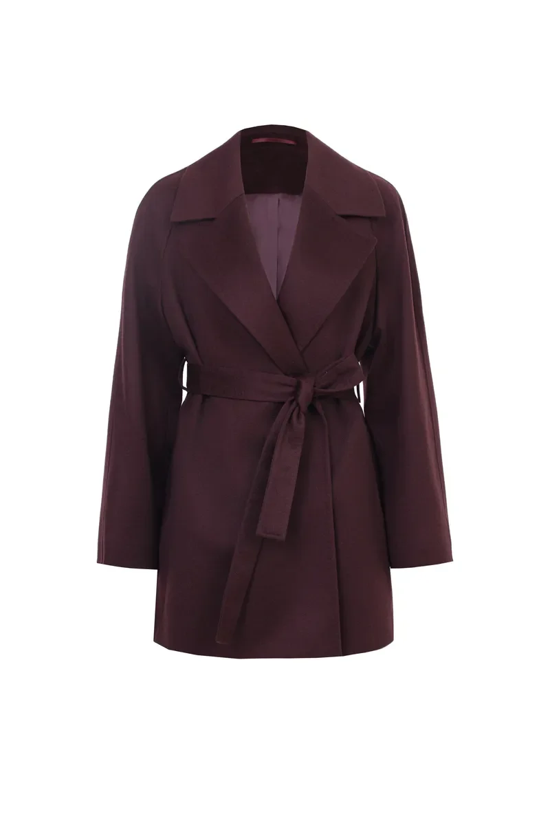 A dark red or burgundy trench coat with a belt tied at the waist, no visible buttons, and a wide collar, displayed on a plain white background.