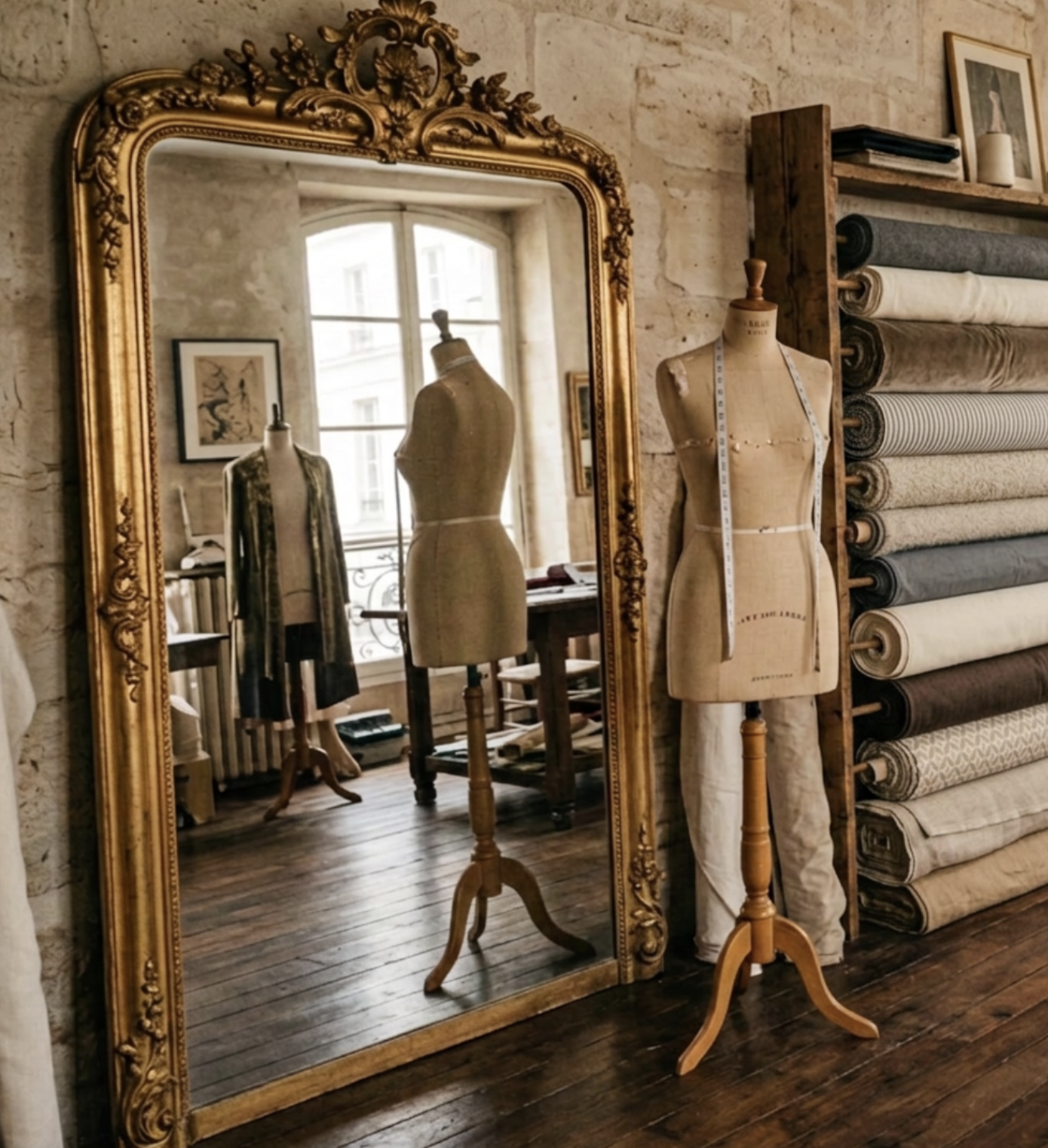 A large ornate gold-framed mirror reflecting a fitting room with a mannequin on a stand and a window with a city view in the background. To the right, there is a shelf with neatly rolled fabric bolts.