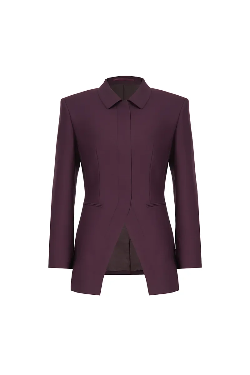 A purple women's blazer with a fitted design and a collar, displayed on a plain white background.