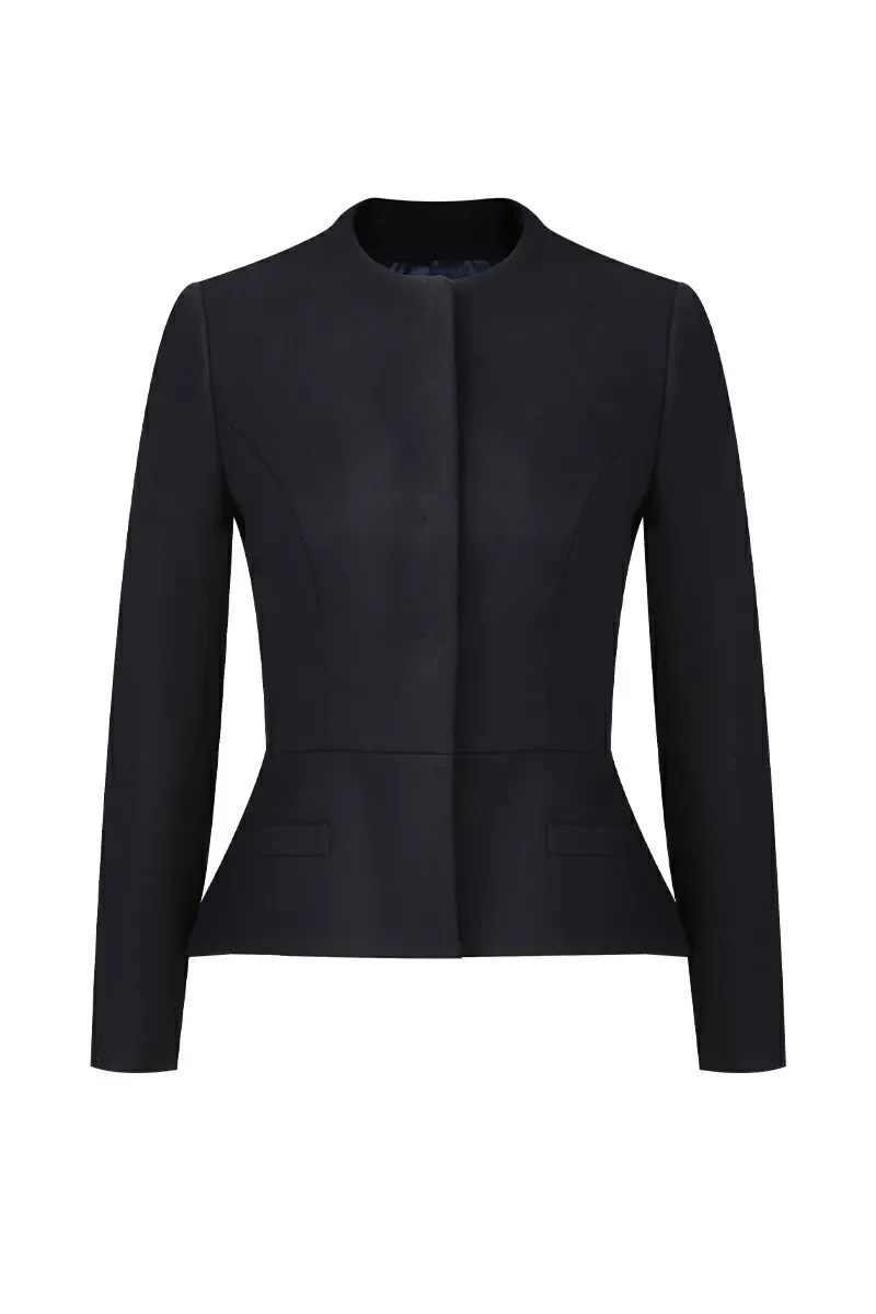 Black blazer with a round neckline and long sleeves.