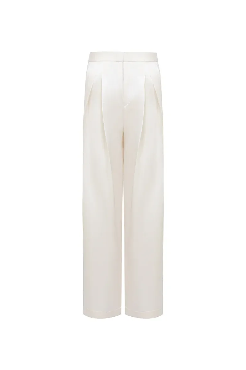 Mia Silk Wide-Leg Cream Trousers