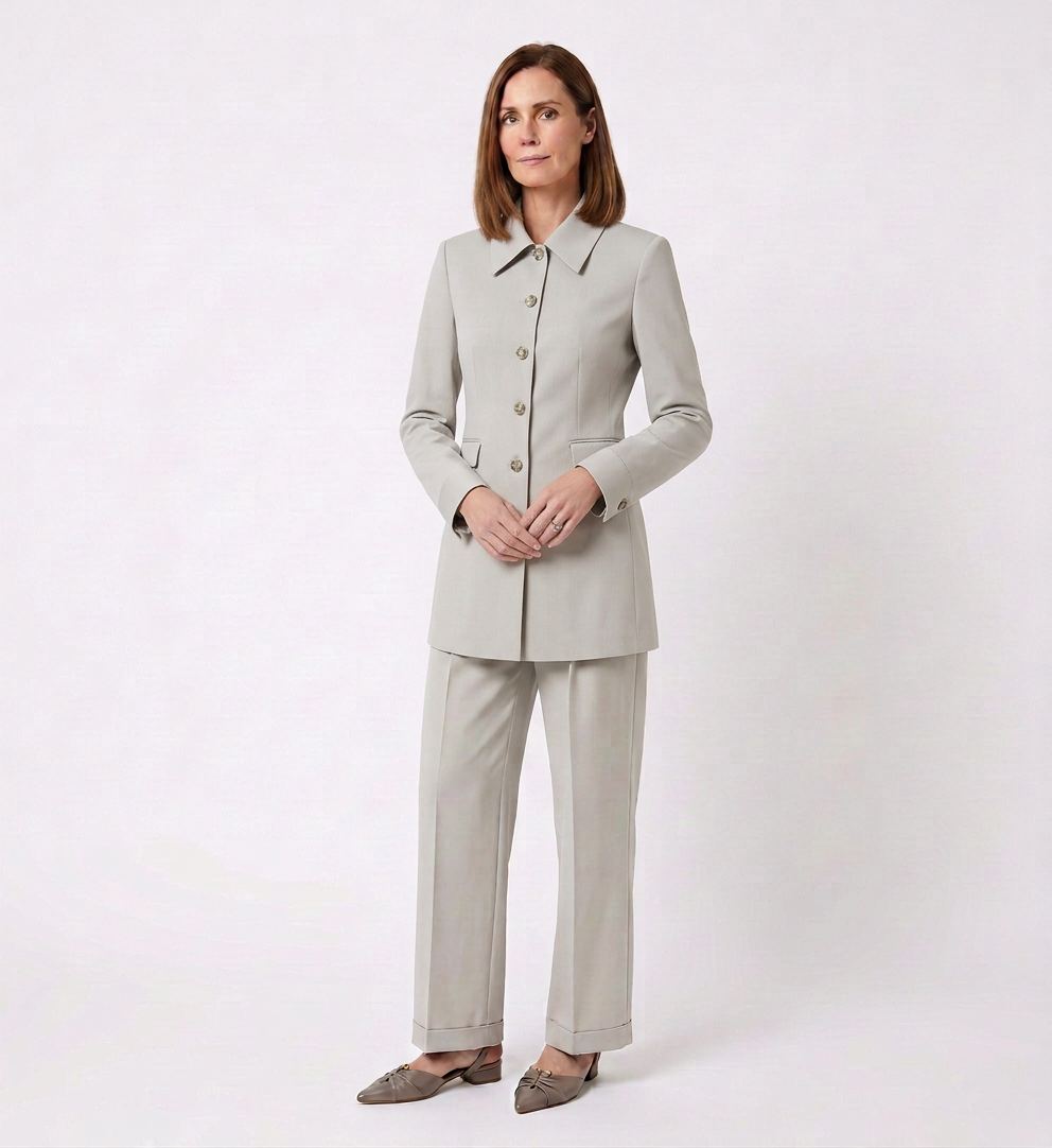 A woman with light skin and shoulder-length brown hair wearing a light gray business suit with matching pants and a collared jacket, standing against a plain white background.