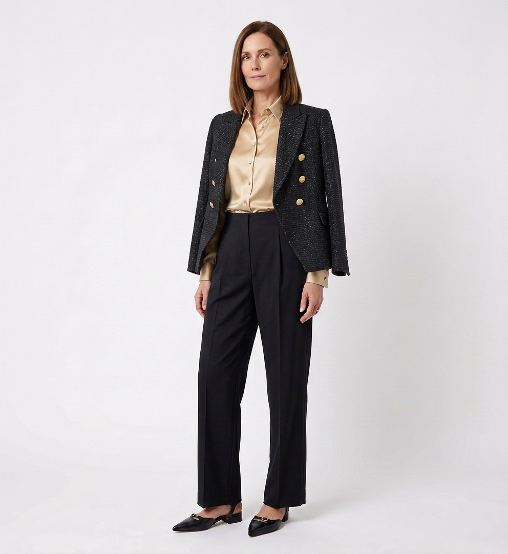 Woman in business attire standing against plain white background, wearing a dark blazer, beige silk shirt, black tailored pants, and black pointed shoes.