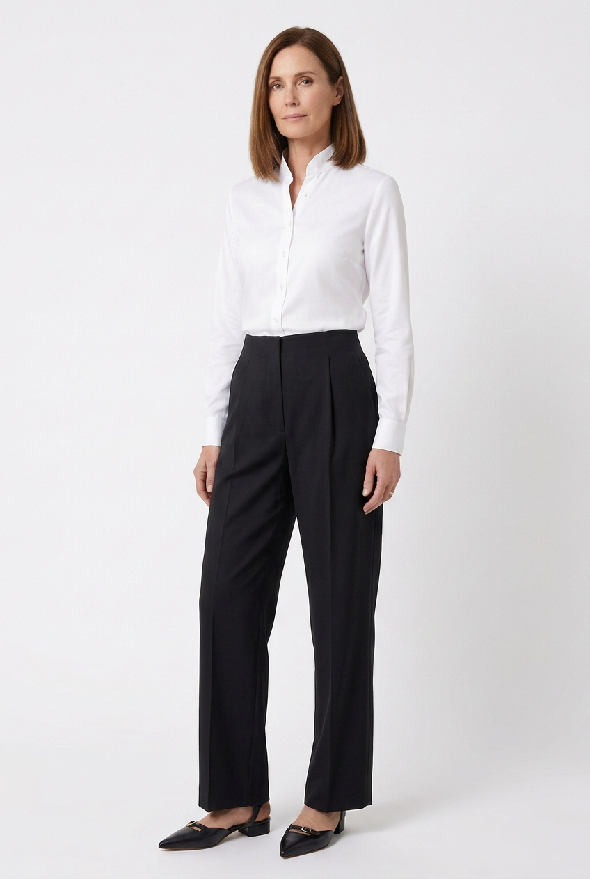 A woman standing against a plain white background, wearing a white button-up shirt, black high-waisted pants, and black pointed-toe shoes with gold buckles.