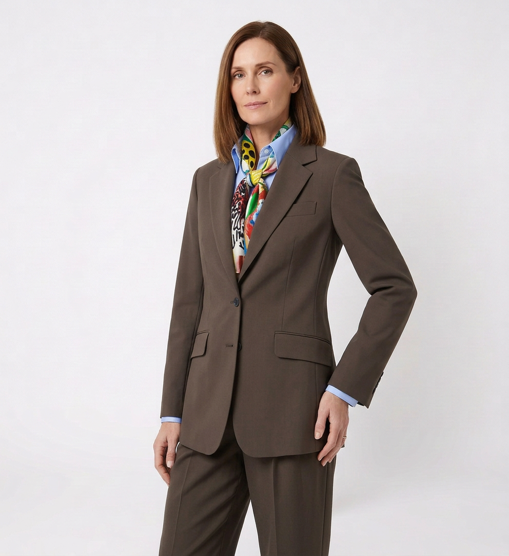 A woman with shoulder-length brown hair wearing a brown business suit with a colorful scarf and light blue shirt, standing against a plain white background.
