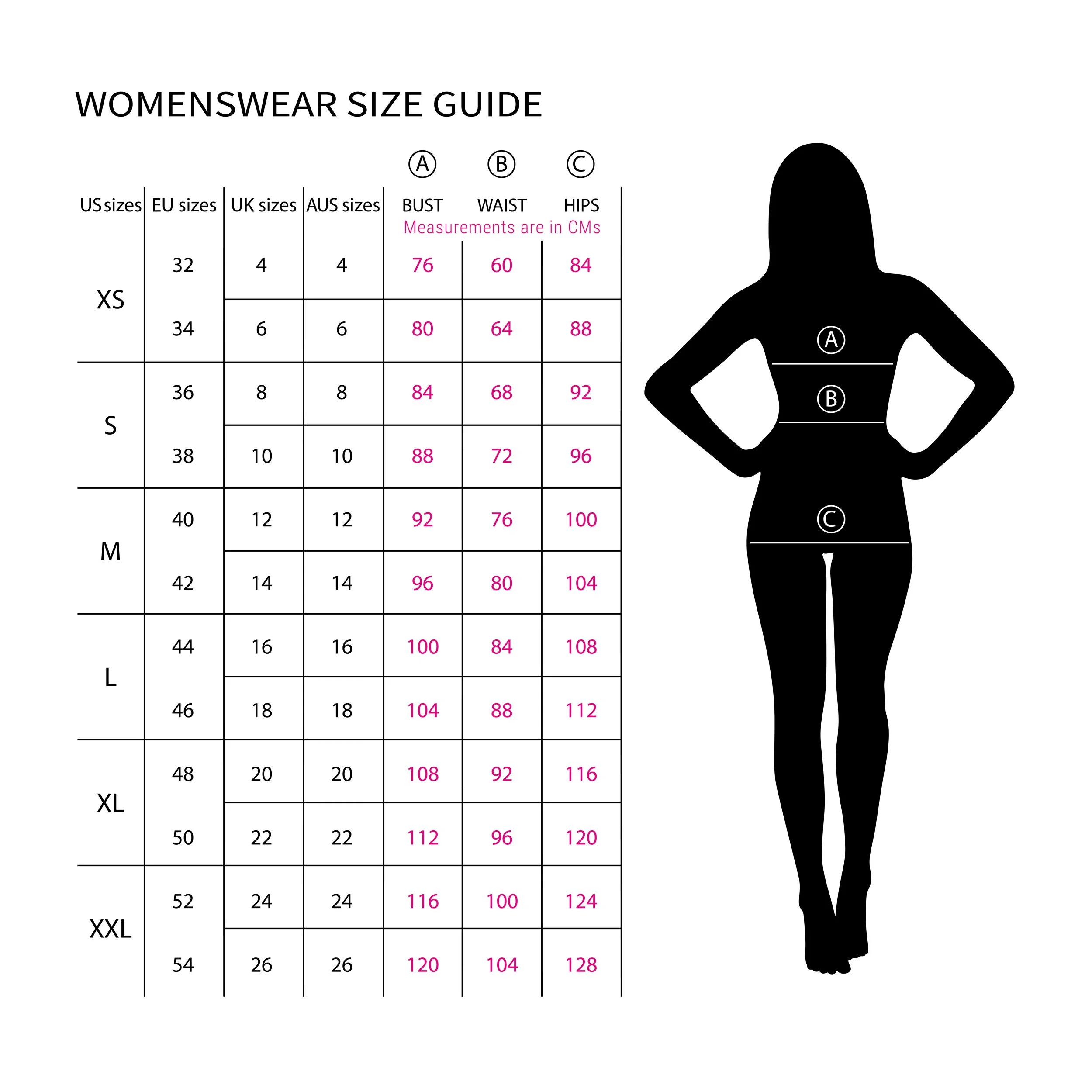Size guide chart for women's clothing showing bust, waist, and hips measurements in centimeters for various sizes, along with silhouette of a woman with labeled measurement points.