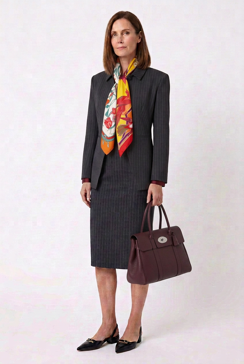 A woman in a black pinstripe suit with a colorful scarf around her neck, holding a maroon handbag, and wearing black heels, standing against a plain white background.