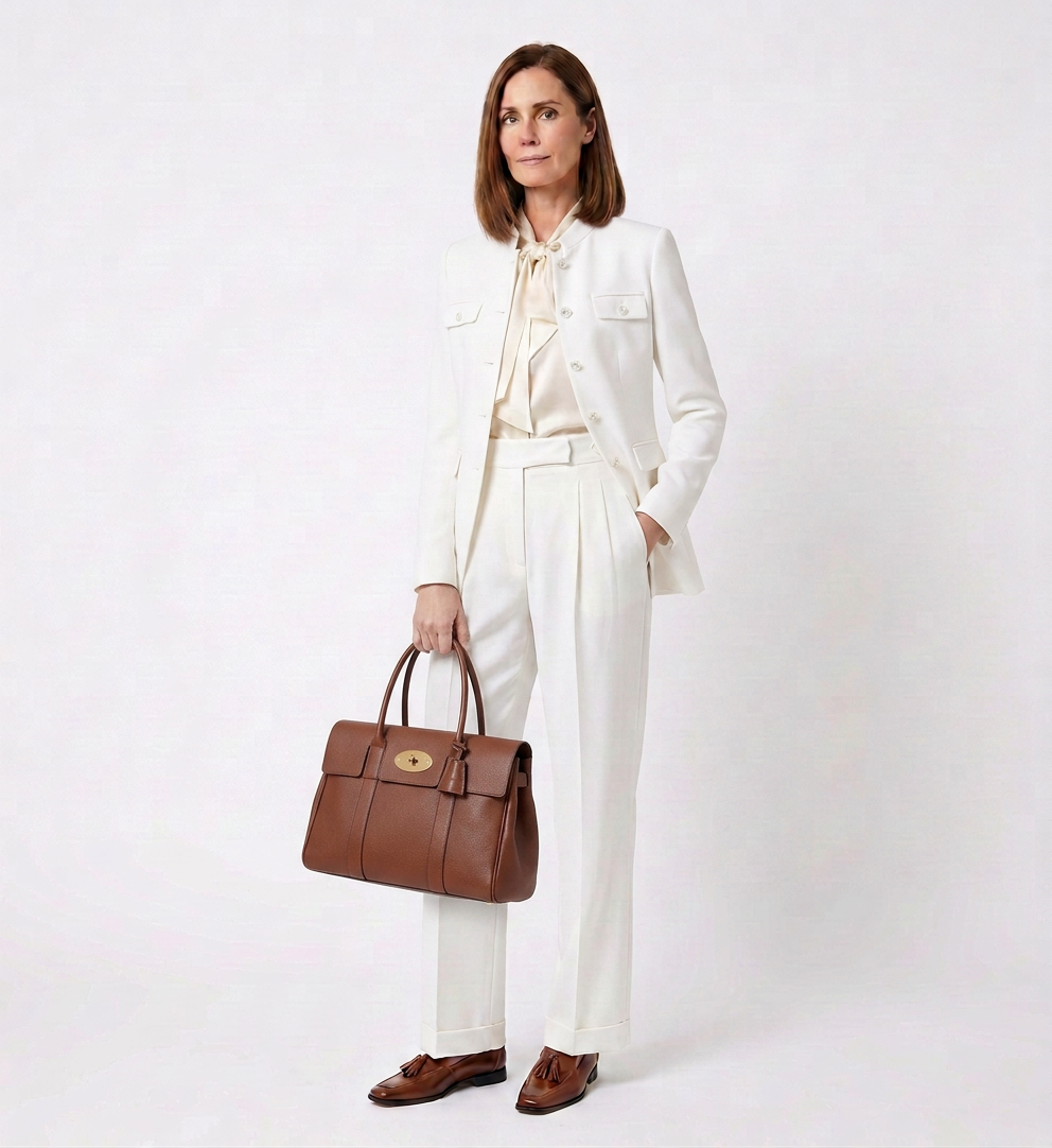 A woman in a white suit, holding a brown handbag, standing against a plain white background.