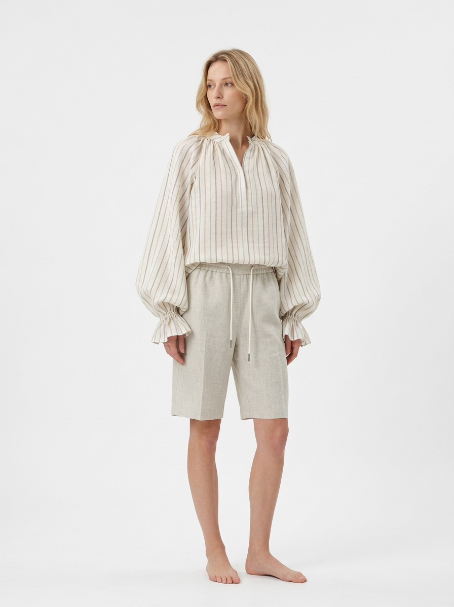 Firefly_Gemini Flash_change model to slim model with blonde slight wavy hair, add shorts knee length refer 484653.png