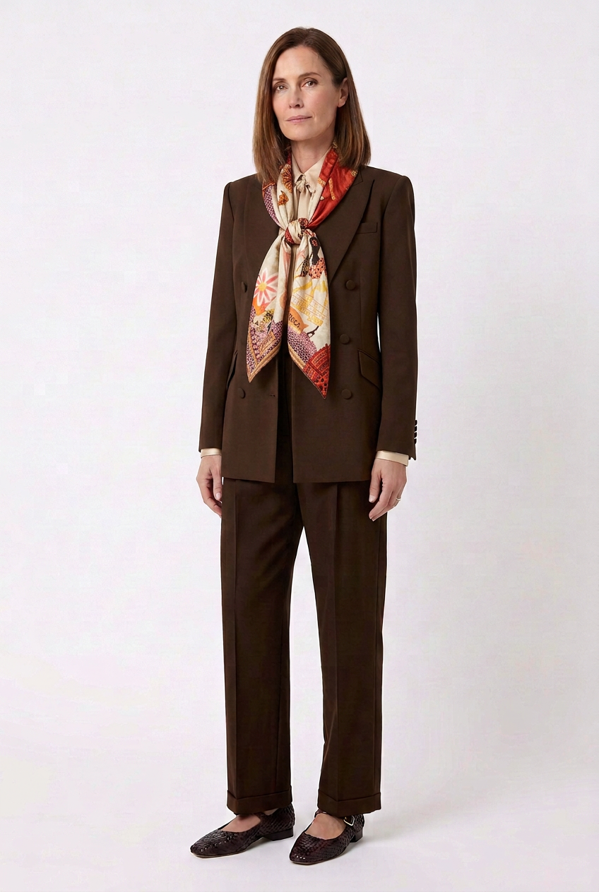 A woman in a brown suit with a patterned scarf tied around her neck, standing against a plain white background.